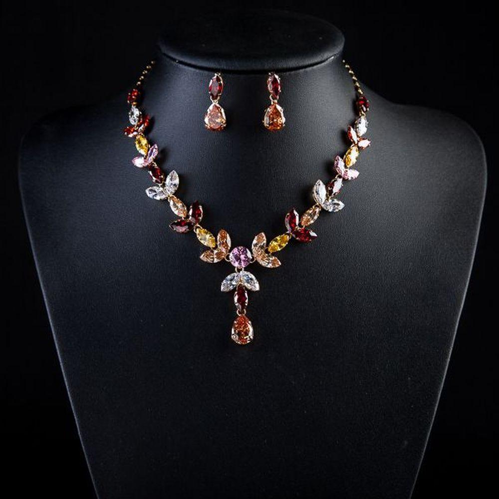 khaista limited edition multi color crystal water drop necklace earring set mjg0026 image 4
