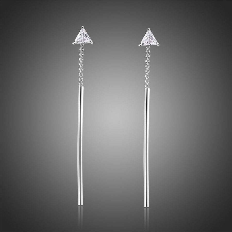 KHAISTA line triangle crystal drop earrings on white background