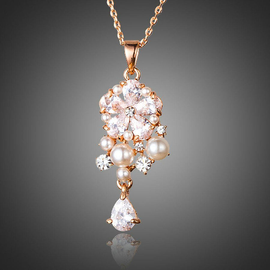 KHAISTA lucky flower waterdrop crystal pendant necklace on white background