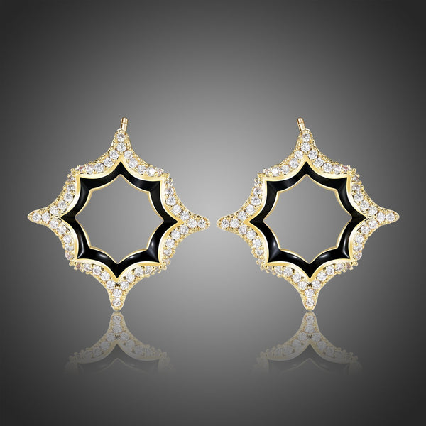 KHAISTA luxury geometric crystal stud earrings on white background