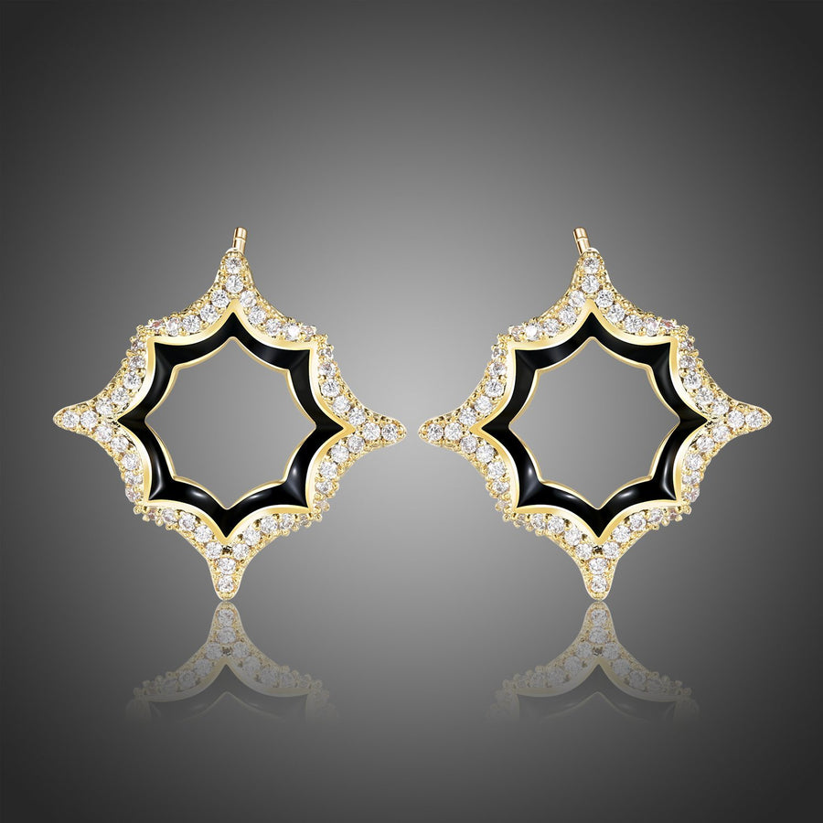 KHAISTA luxury geometric crystal stud earrings on white background