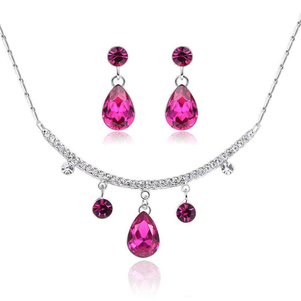 khaista magenta pearl necklace and drop earring crystal white gold jewellery set pr0266 image 5