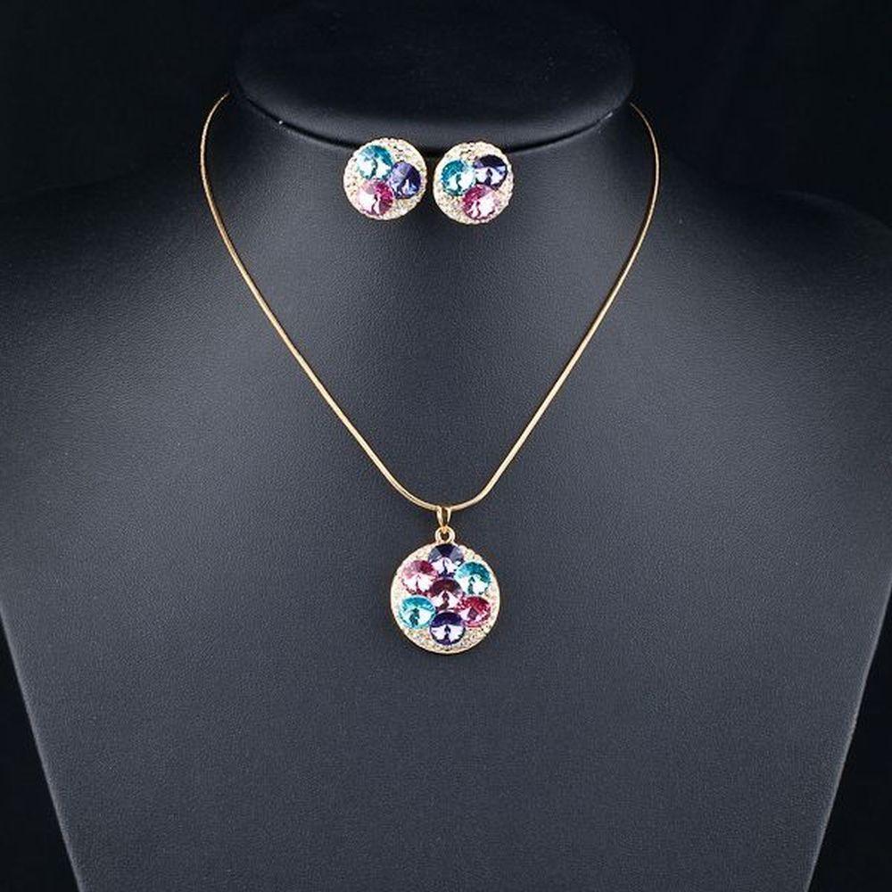 khaista multi color round crystals stud earrings pendant necklace set mjg0003 image 4