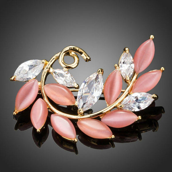 Khaista opal and cubic zirconia leaf brooch on white background