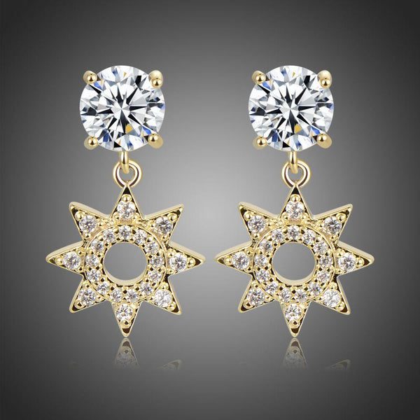 KHAISTA paved CZ crystal flower drop earrings on white background