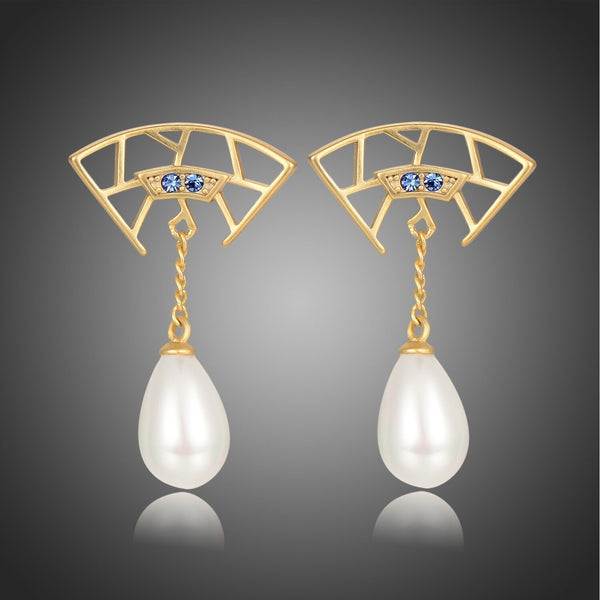 KHAISTA pearl cubic zirconia drop earrings on white background