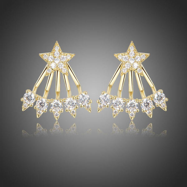 KHAISTA crystal pentagram stud earrings on white background