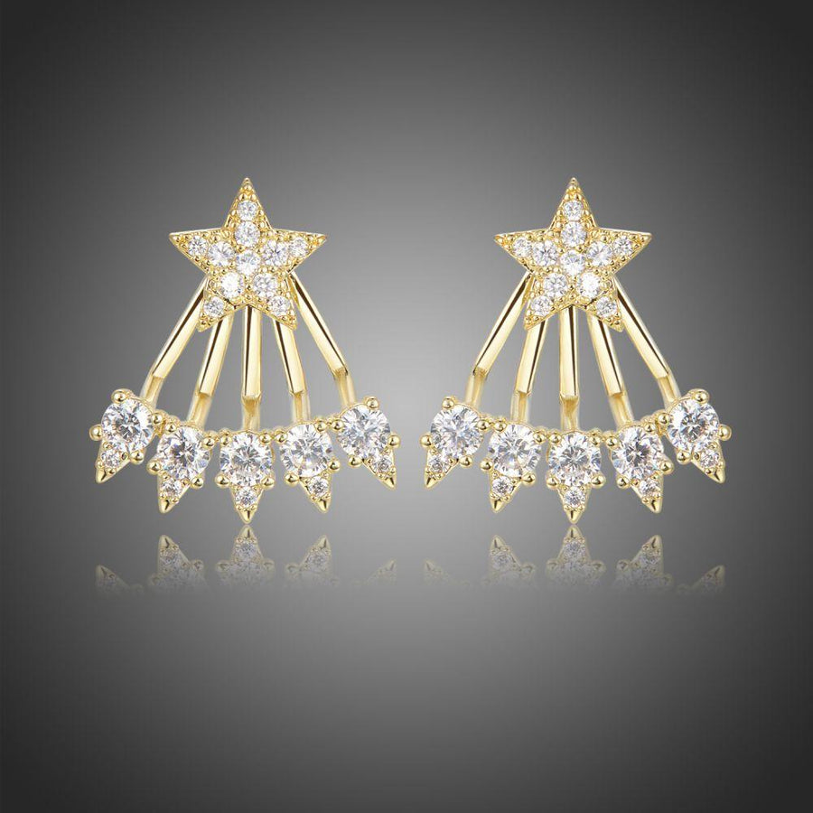 KHAISTA crystal pentagram stud earrings on white background