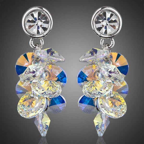 KHAISTA platinum plated crystal cluster drop earrings on white background