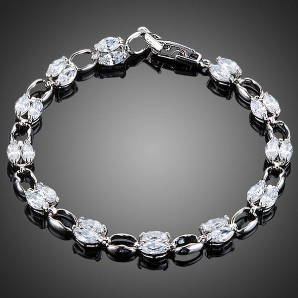 KHAISTA platinum crystal toggle bracelet on white background