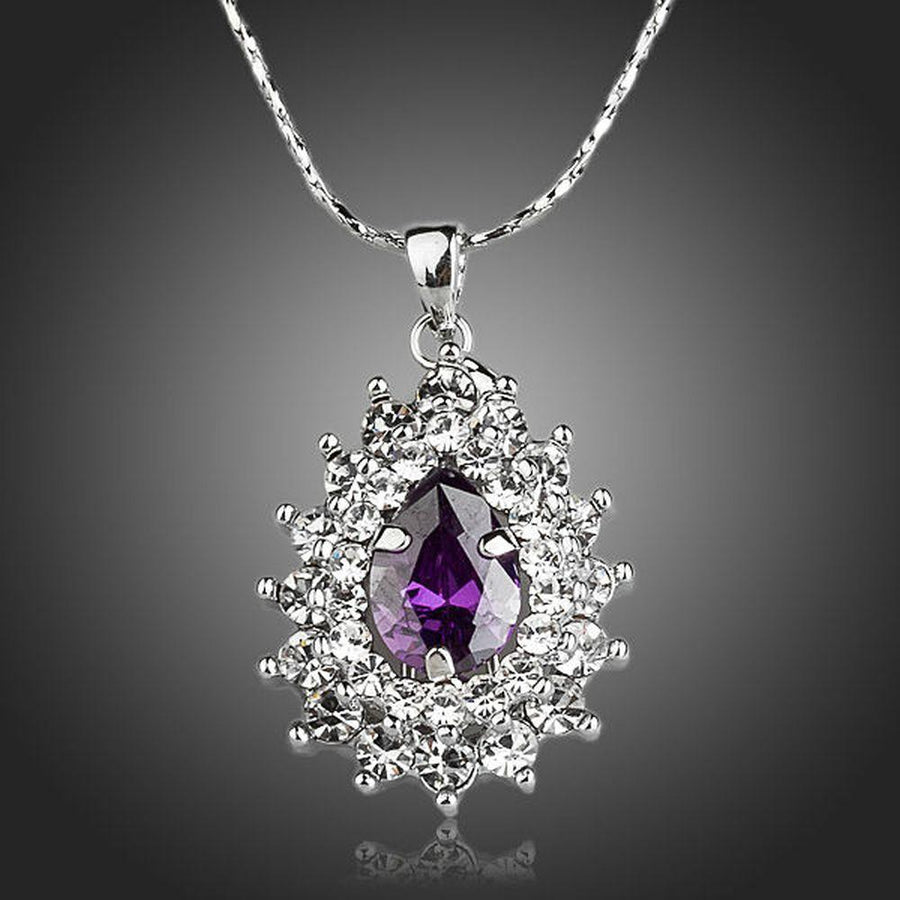 KHAISTA purple CZ pendant necklace on white background