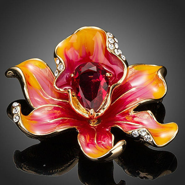Khaista deep red oil paint flower brooch on white background