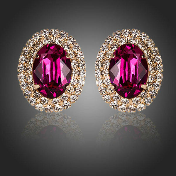 KHAISTA red CZ diamante oval stud earrings on white background
