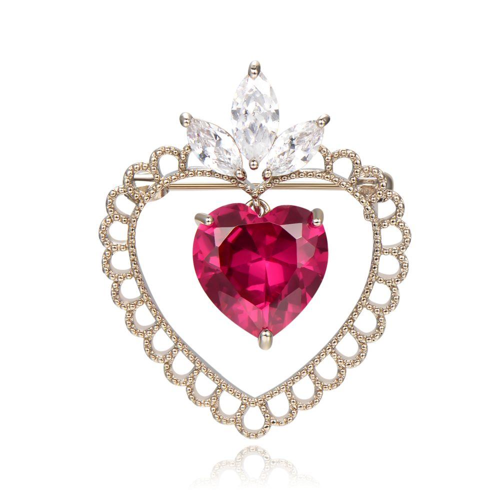 khaista red cubic zirconia double heart brooch kfjb0110 image 5