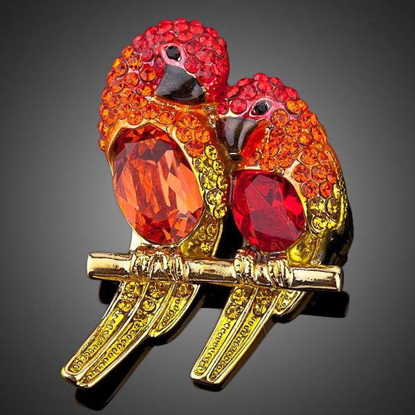 Khaista red crystal lovebirds brooch on white background