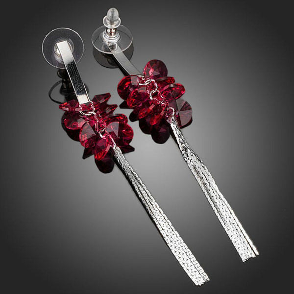 KHAISTA red rose tassel crystal drop earrings on white background