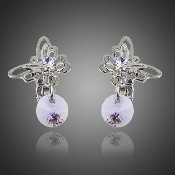 KHAISTA rhinestone butterfly clip earrings on white background