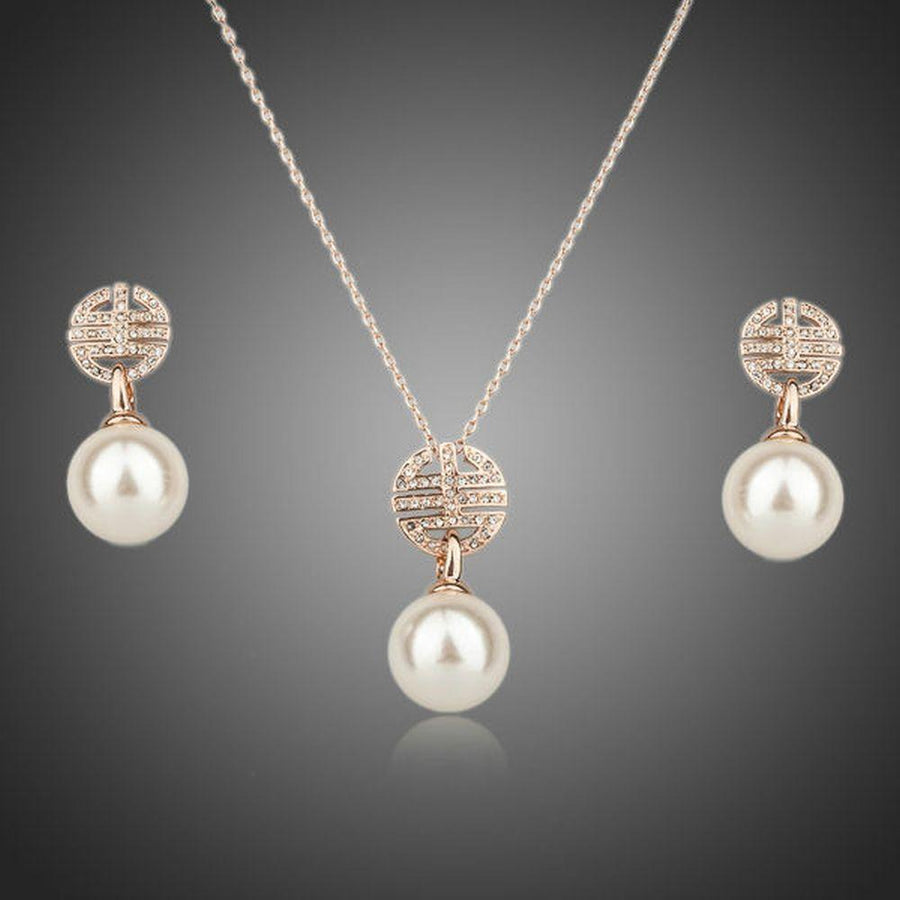 Khaista rose gold Austrian crystal pearl jewellery set on white background