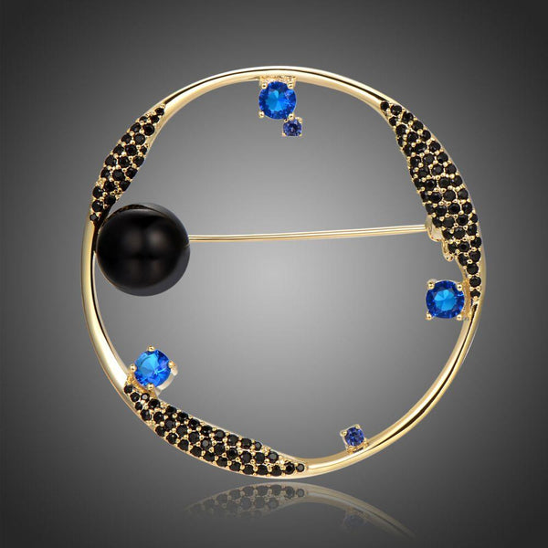 Khaista blue CZ stars black pearl earth brooch on white background