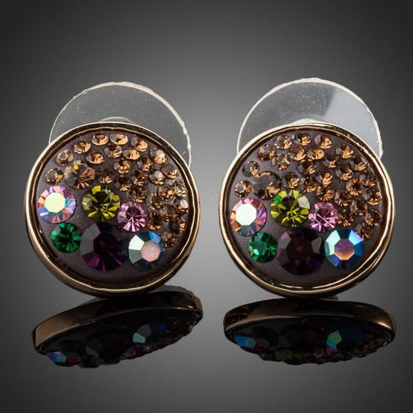KHAISTA round chocolate crystal stud earrings on white background