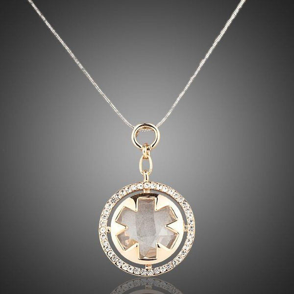 KHAISTA round circle crystal pendant necklace on white background