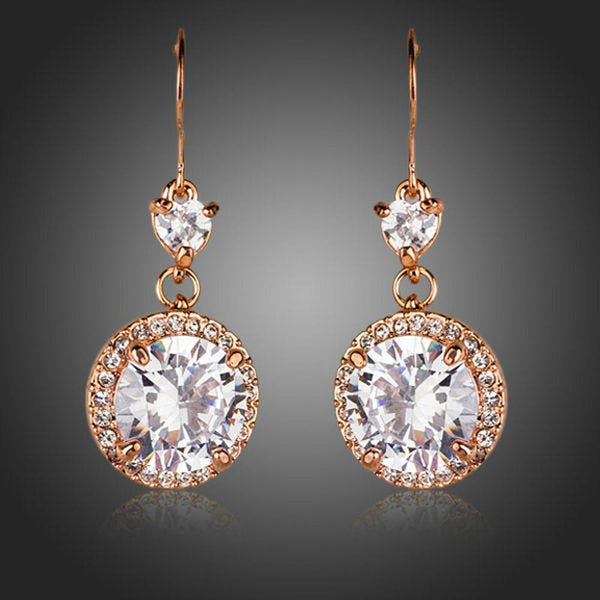 KHAISTA round CZ fashion drop earrings on white background