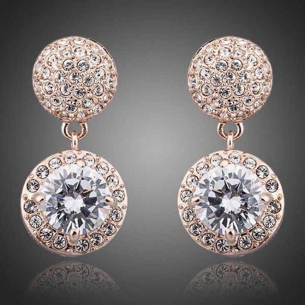 KHAISTA round CZ rhinestone drop earrings on white background