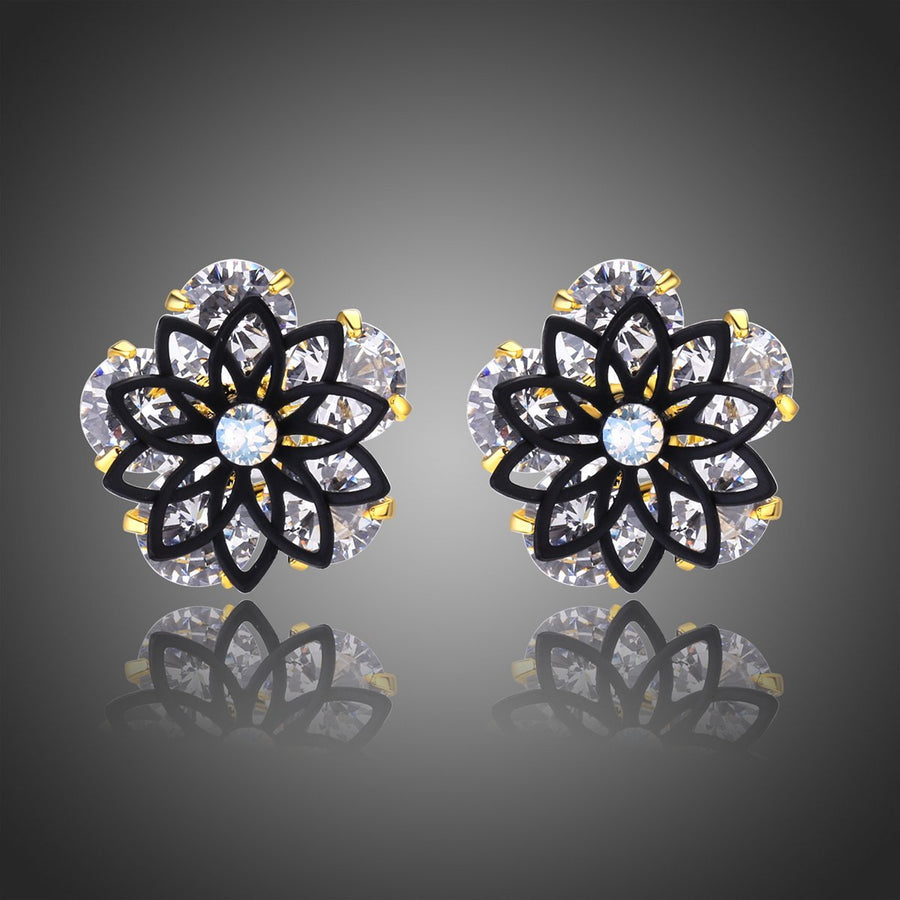 KHAISTA round cut crystal stud earrings on white background