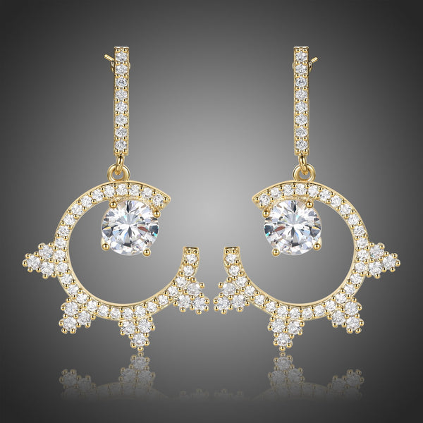 KHAISTA round crystal dangle earrings on white background