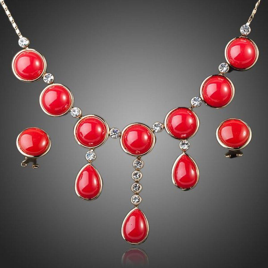 Khaista round red crystal necklace and earrings set