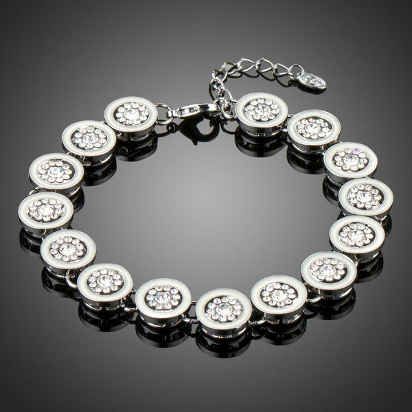 KHAISTA round rhinestone chain link bracelet on white background
