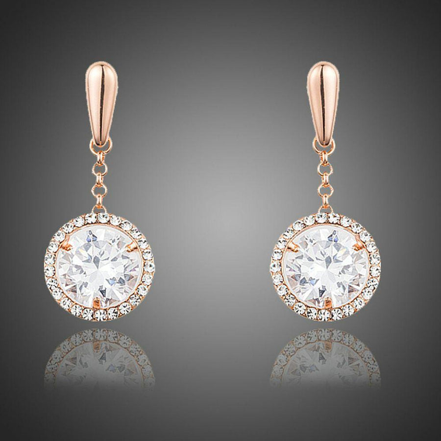 KHAISTA round CZ drop earrings on white background