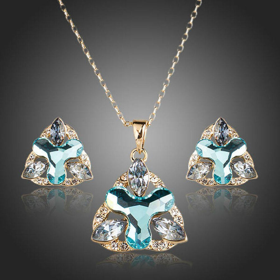 Khaista sea blue floral crystal stud earrings pendant set