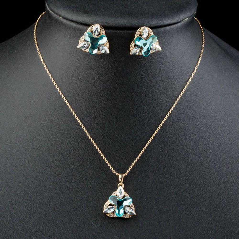 khaista sea blue flower stud earrings and pendant necklace set mjg0129 image 4