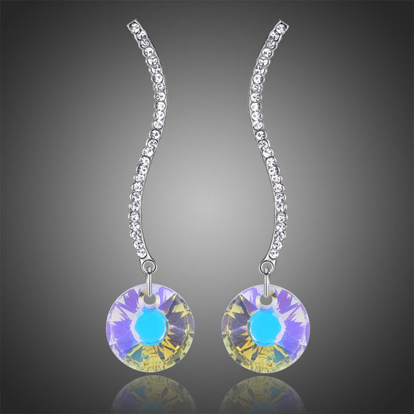KHAISTA shiny arc long dangle drop earrings on white background