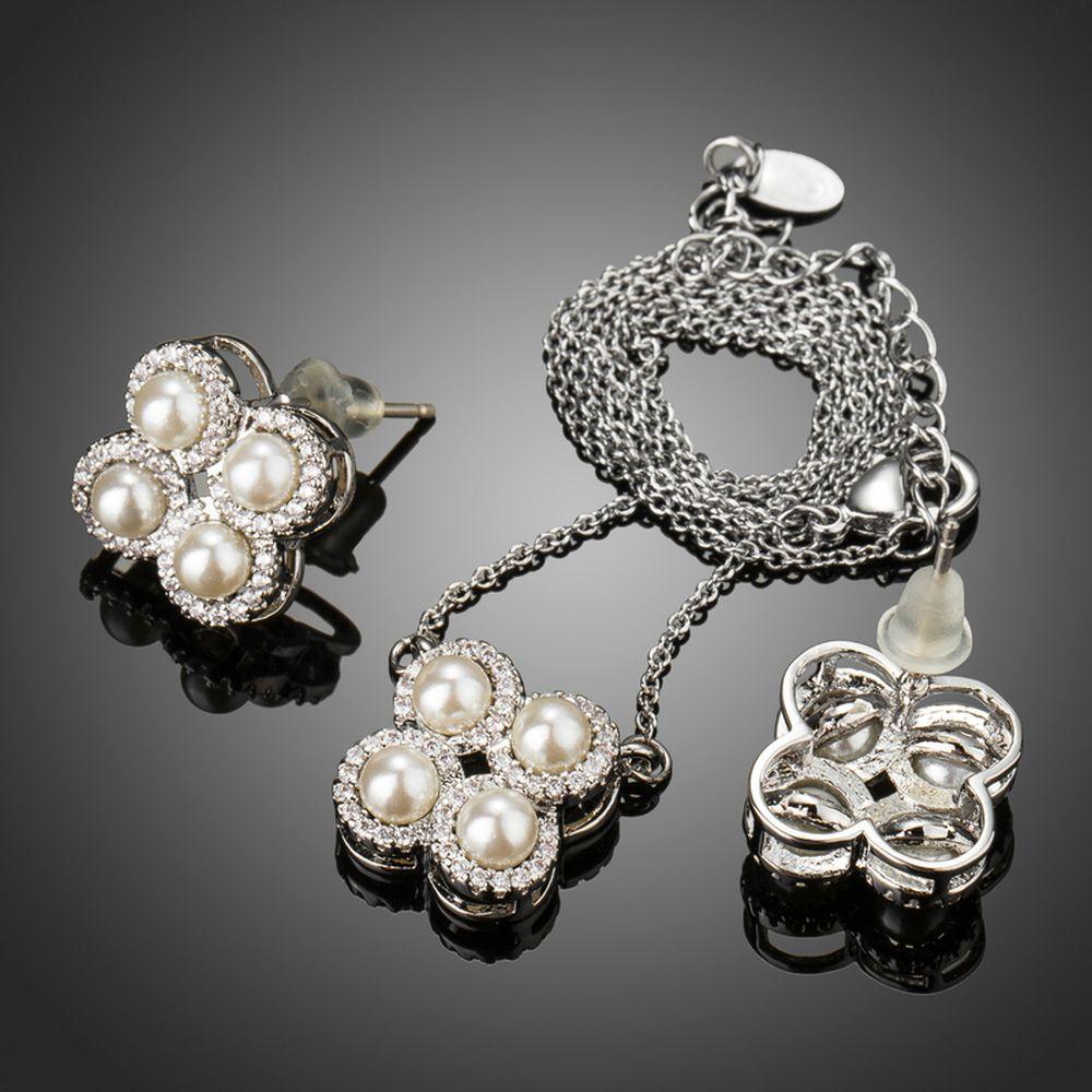 khaista silver tone simulated pearls with stellux austrian clover stud earrings and necklace set image 4