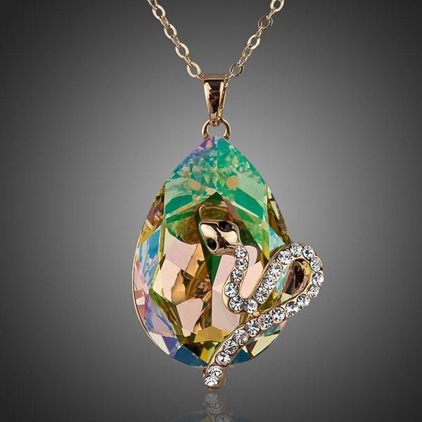 KHAISTA sleeping snake crystal pendant necklace on white background