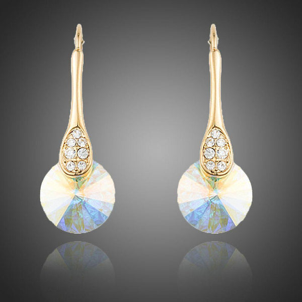 KHAISTA gold plated round crystal drop earrings on white background