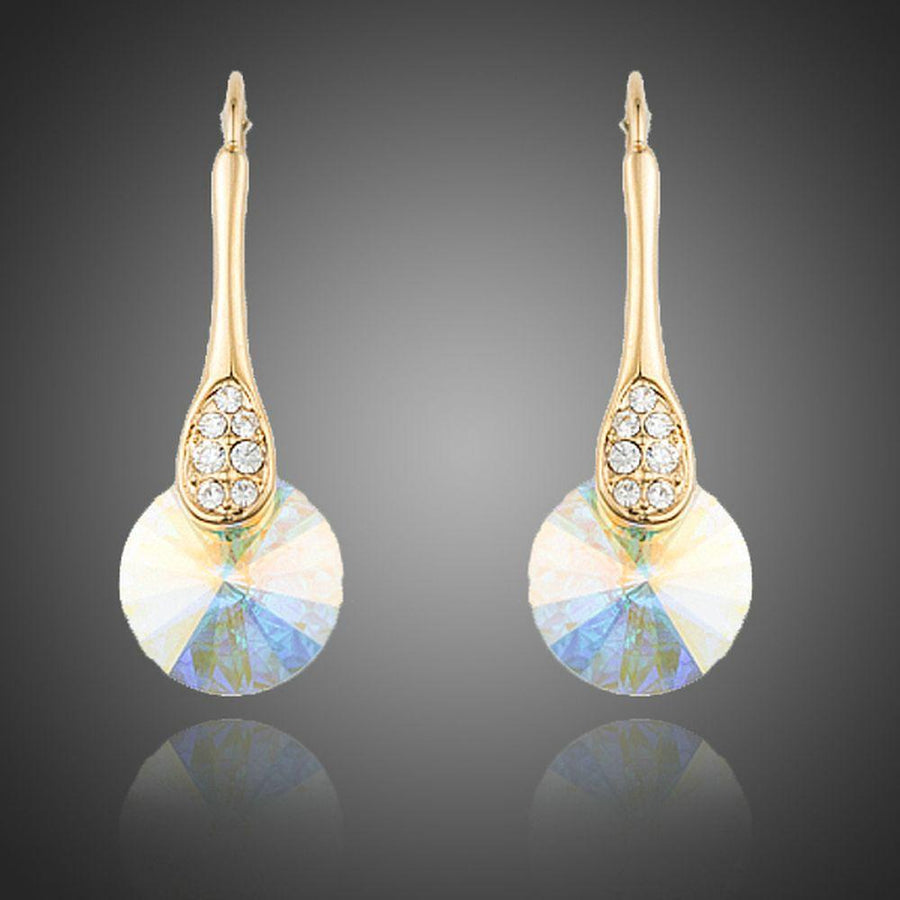 KHAISTA gold plated round crystal drop earrings on white background
