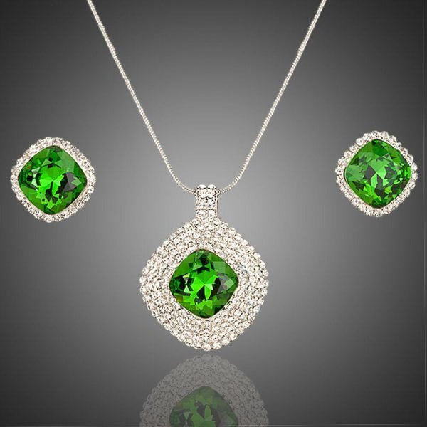 Khaista green rectangular Stellux crystal hoop earrings necklace set