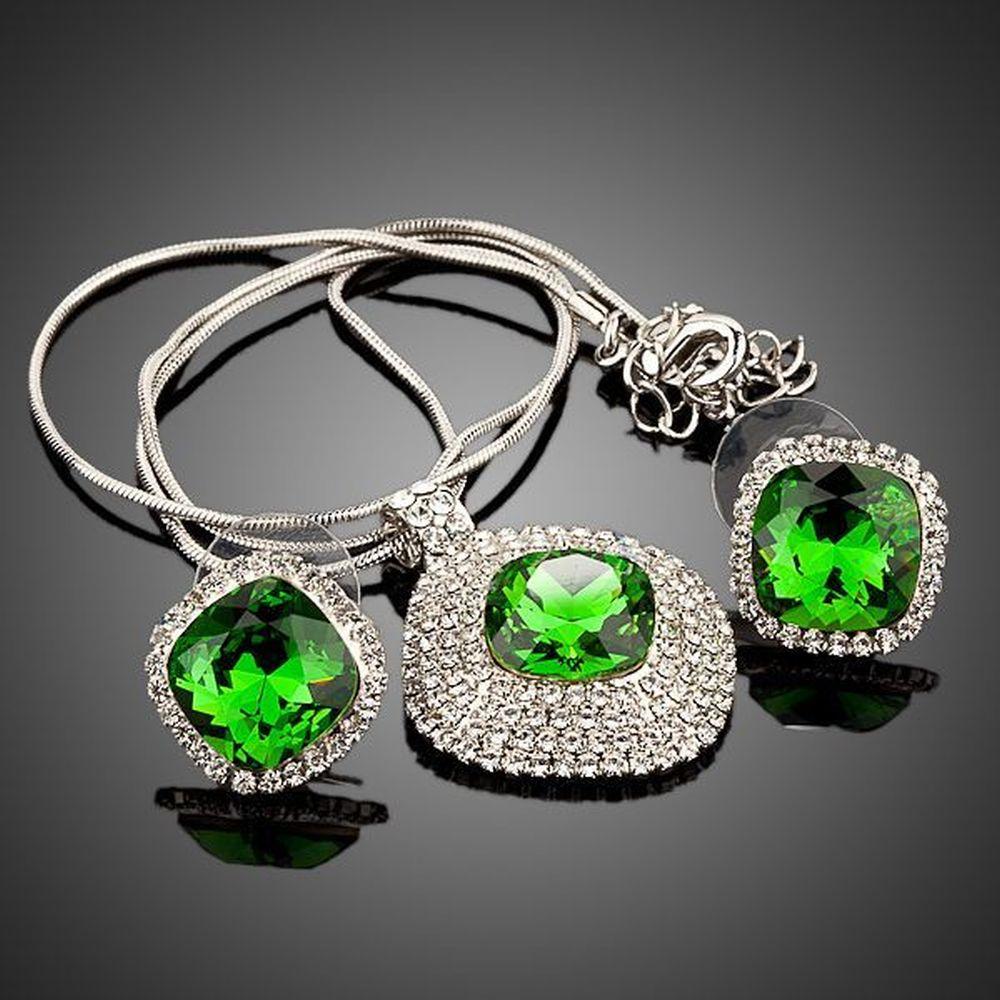 khaista white gold green rectangular stellux crystal hoop earrings and necklace set image 4