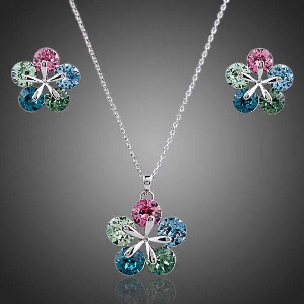 Khaista white gold multicolour floral Stellux necklace earrings set
