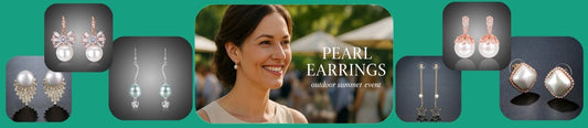 A woman wearing classic KHAISTA pearl earrings while attending an outdoor summer event.