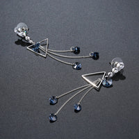 geometric blue crystal long drop earrings detail view by KHAISTA