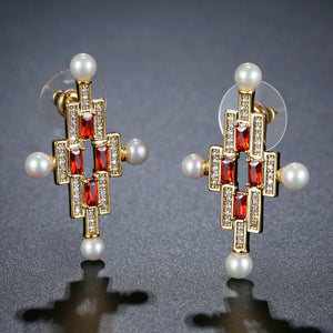 Red Cross Pearl Stud Earrings -KPE0387