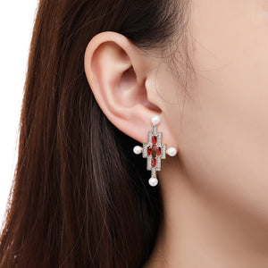 Red Cross Pearl Stud Earrings -KPE0387