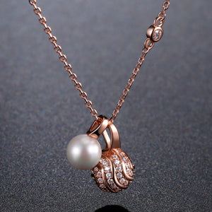 Pearl Round Ball Cubic Zirconia Pendant Necklace KPN0245