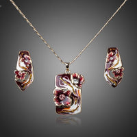 Khaista deep red floral crystal stud earrings necklace set