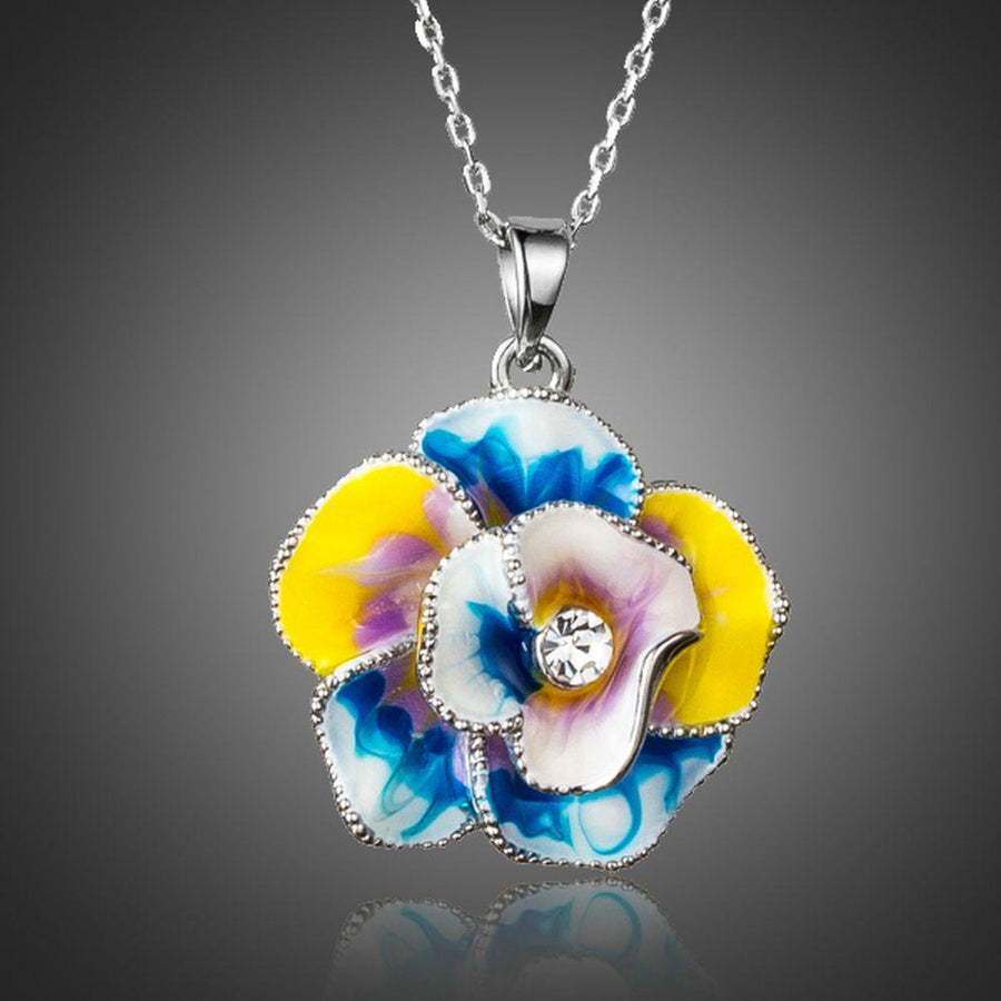 KHAISTA artistic crystal flower necklace on white background