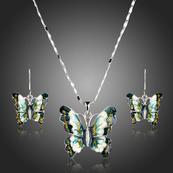 Khaista flying butterfly crystal pendant necklace drop earrings set